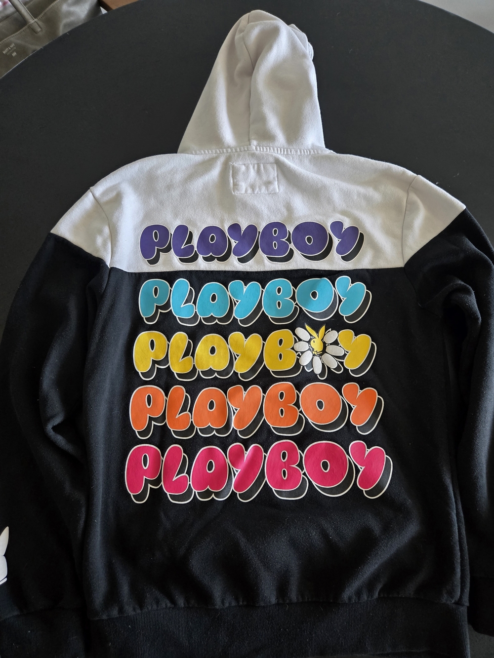 Playboy Colorblock Graphic Hoodie Medium Black White Daisy Stacked Logo